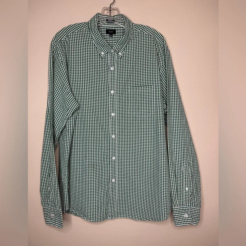 J. Crew Green Gingham Cotton Button Down Shirt Long Sleeve Size XL